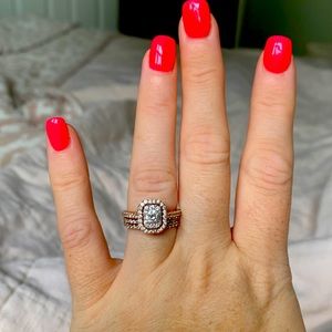 Woman’s rose gold  diamond wedding set.